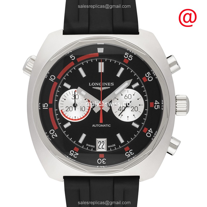 Longines Heritage Replica - Automatic - Stainless Steel Case - Black Dial on Black Rubber Strap - Luxury Replica HERITAGE Watch
