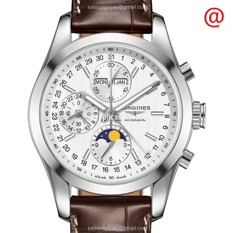 Longines CONQUEST Classic Replica - Automatic - Steel Case - Silver Dial on Brown Alligator Strap - Luxury Replica CONQUEST CLASSIC Watch