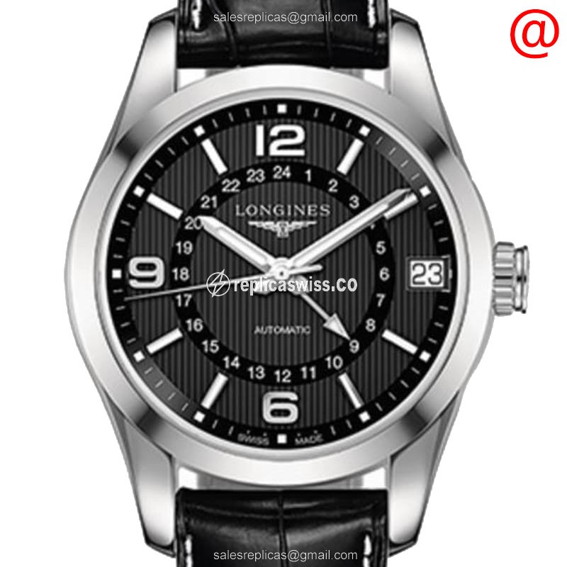 Longines Conquest Replica - Automatic - Steel Case, Black Dial - Black Alligator Strap - Luxury Replica CONQUEST Watch