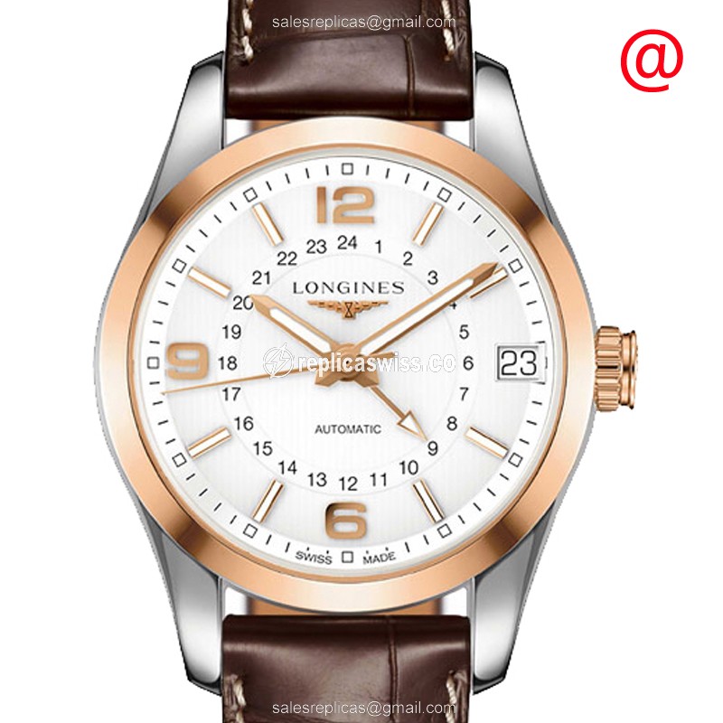 Longines CONQUEST CLASSIC Replica - Automatic - Rose Gold Case - Silver Dial - Brown Alligator Strap - Luxury Replica CONQUEST CLASSIC Watch