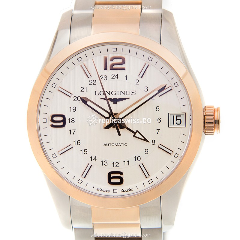 Longines Conquest Replica - Automatic - 18kt Rose Gold & Steel - White Dial - Gold Clasp