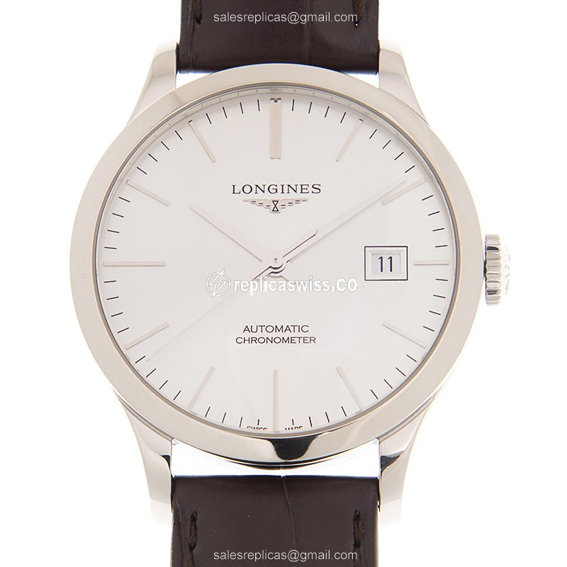 Longines RECORD Replica - Automatic - Stainless Steel - White Dial, Brown Alligator Strap