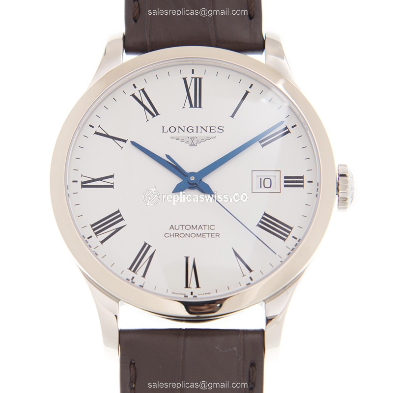 Longines RECORD Replica - Automatic - Stainless Steel - White Dial - Brown Leather Strap