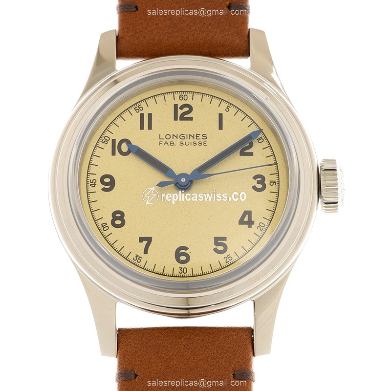 Longines Heritage Replica - Automatic - Beige Dial - Stainless Steel Case, Brown Leather Strap