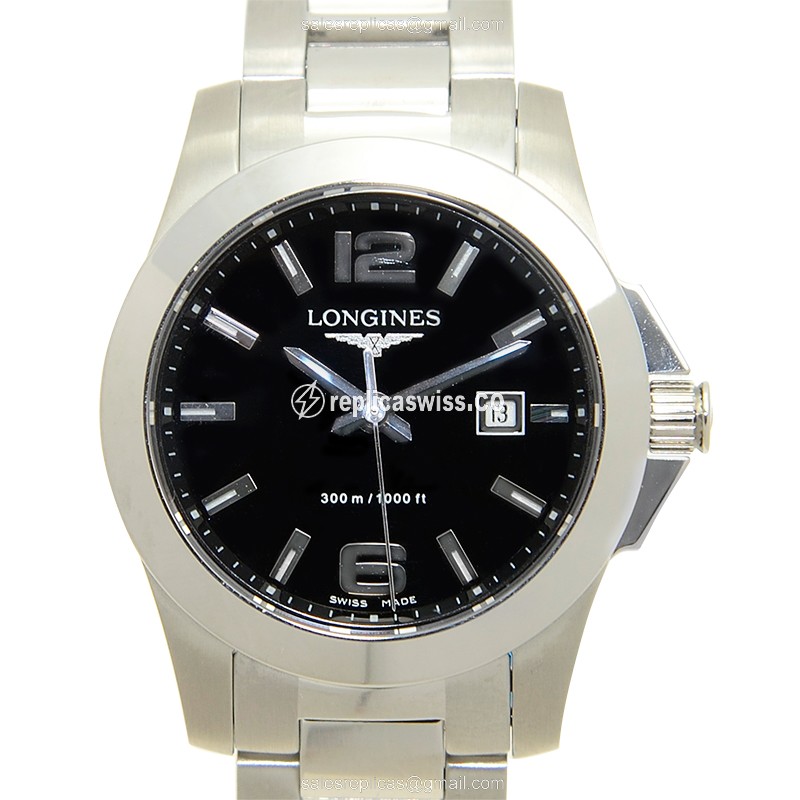 Longines CONQUEST Quartz Replica - Steel Case, Black Dial, Silver Clasp