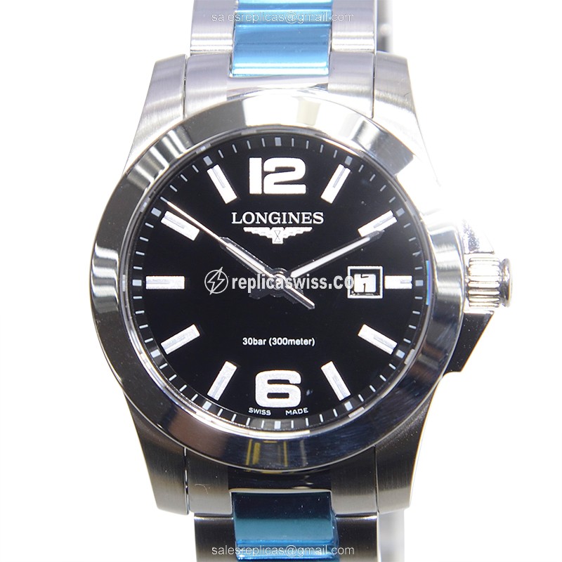 Longines CONQUEST Quartz - Stainless Steel Case, Black Dial, Silver Clasp - Luxury Replica CONQUEST Watch