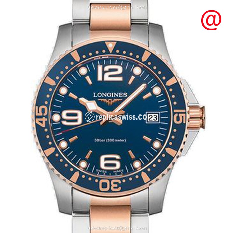 Longines CONQUEST Replica - Quartz - 18kt Rose Gold Case - Blue Dial - Gold Steel Strap