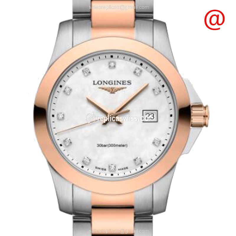 Longines CONQUEST Replica - Quartz - 18kt Rose Gold & Steel Case - White Dial - Luxury  Watch