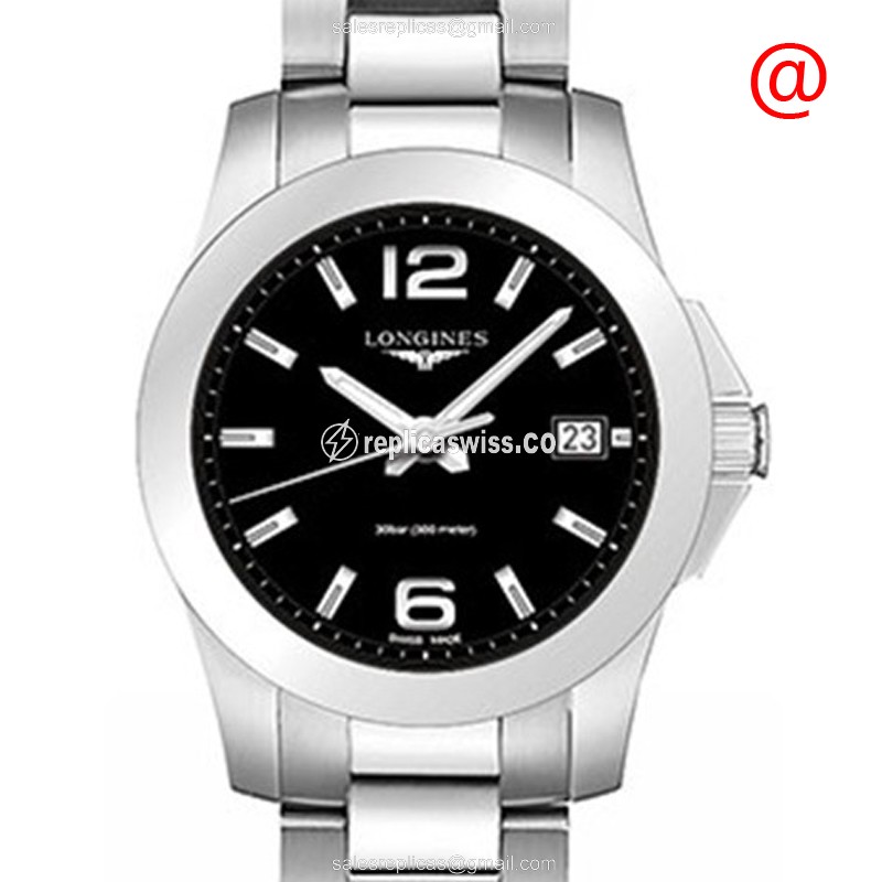 Longines CONQUEST Quartz - Black Dial - Steel Case - Silver Strap - Clasp - Luxury Longines Replica Watch