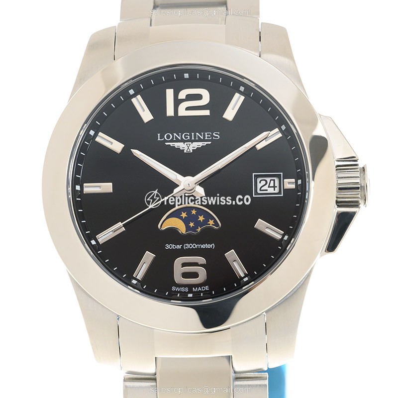 Longines Conquest Quartz - Steel Case, Black Dial, Silver Clasp, Steel Strap - Luxury Replica CONQUEST Watch