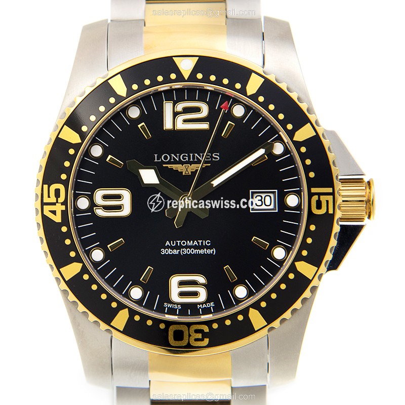 Longines CONQUEST Quartz Replica - Steel Case, Black Dial, Gold Clasp & Strap