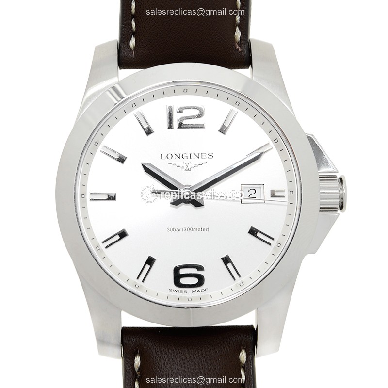Longines CONQUEST Replica - Quartz - Stainless Steel - White Dial, Brown Leather Strap