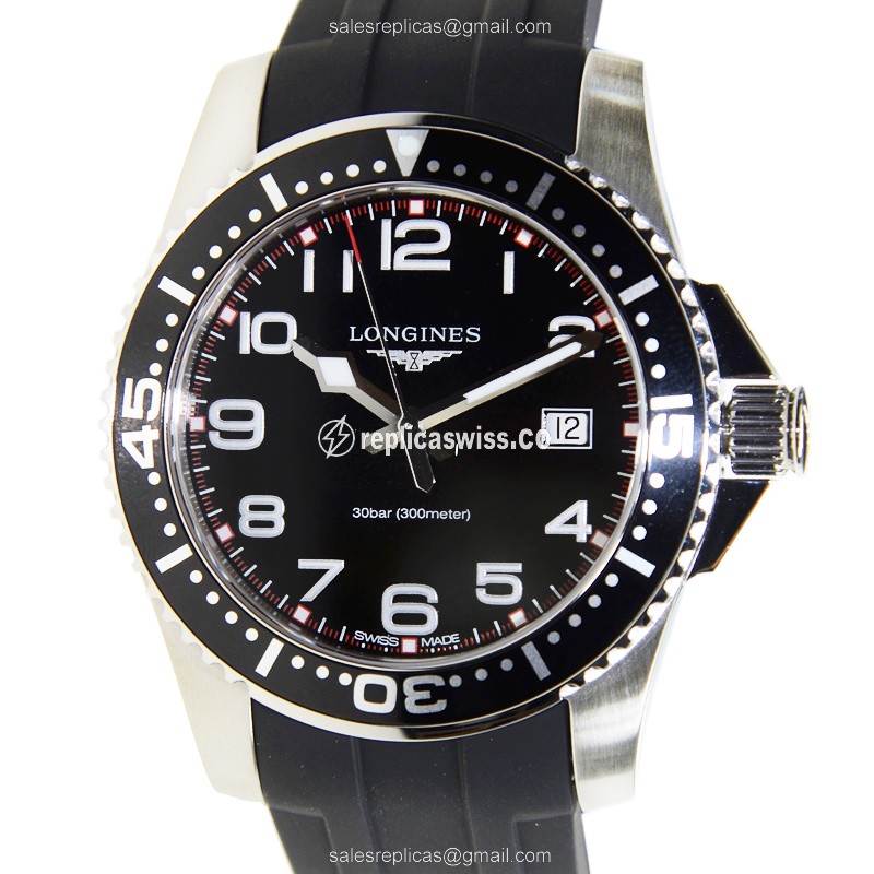 Longines Conquest Quartz - Stainless Steel Case - Black Dial - Rubber Black Strap