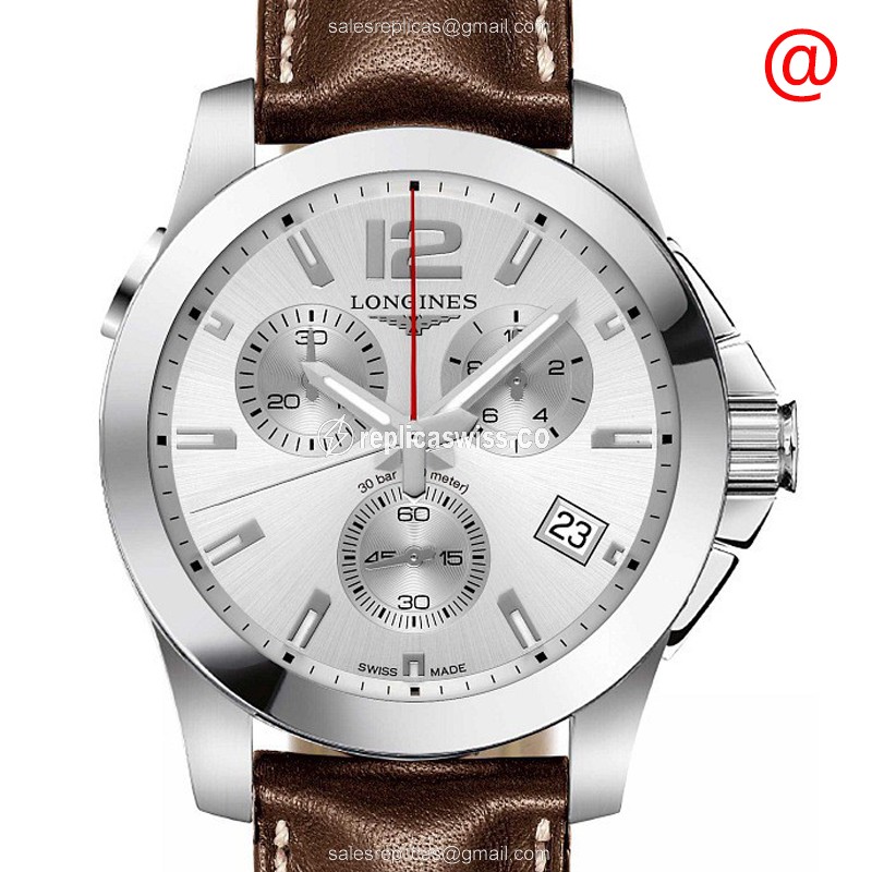 Longines Conquest Quartz Replica - Silver Dial - Brown Leather Strap - Buckle Clasp - Luxury Longines Replica Watch