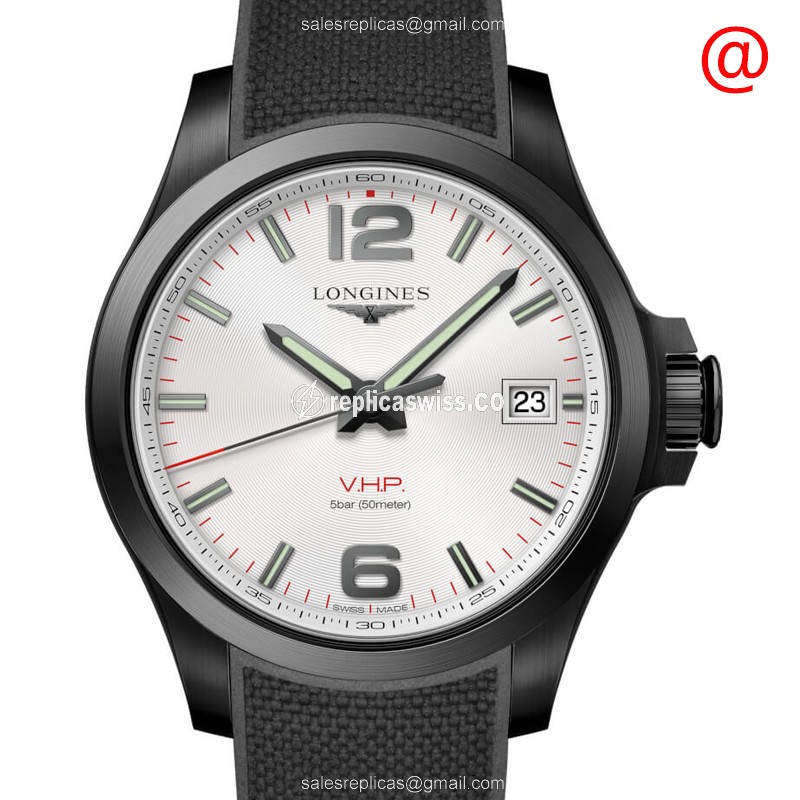 Longines CONQUEST Quartz Replica - Steel Case, Silver Dial, Black Rubber Buckle