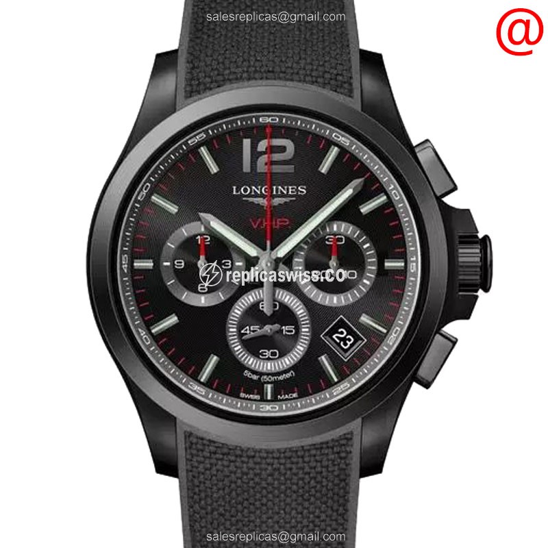 Longines Conquest Quartz Replica - Stainless Steel Case, Black Dial on Black Rubber Strap - Luxury  Watch