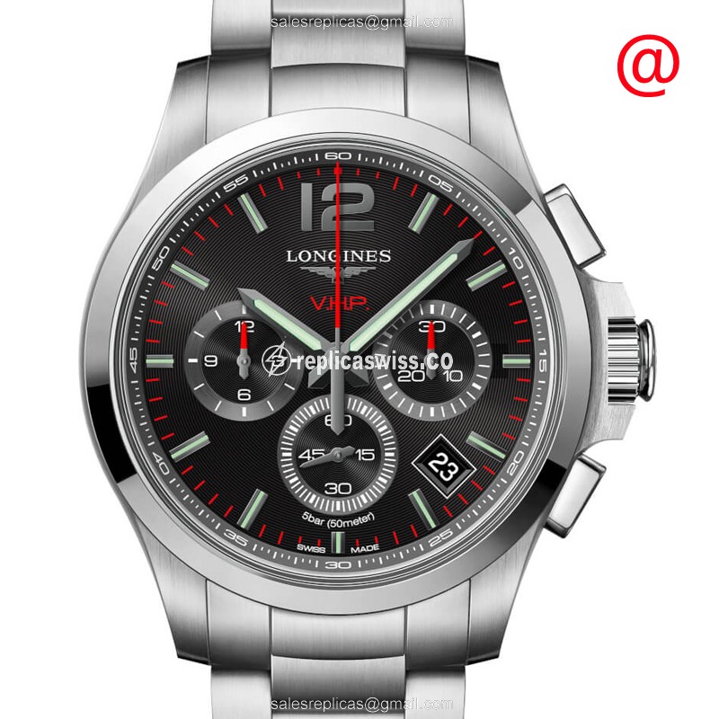 Conquest Quartz Replica - Stainless Steel - Black Dial - Clasp, Silver Steel Strap - Luxury Replica CONQUEST Watch