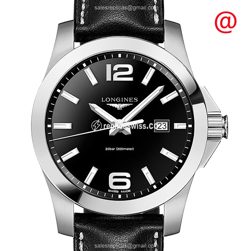 Longines CONQUEST Quartz Replica - Black Dial on Leather Strap - Luxury Replica CONQUEST Watch
