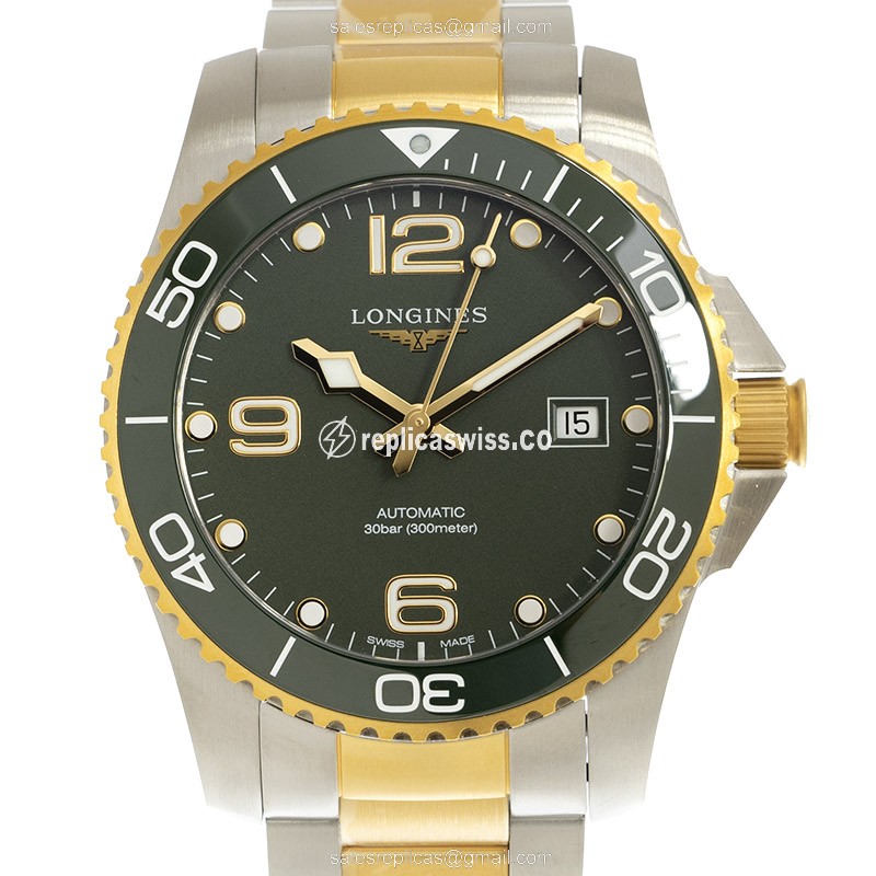 Longines Conquest Replica - Automatic - Ceramic - Green Dial, Gold Clasp & 18kt Steel Strap