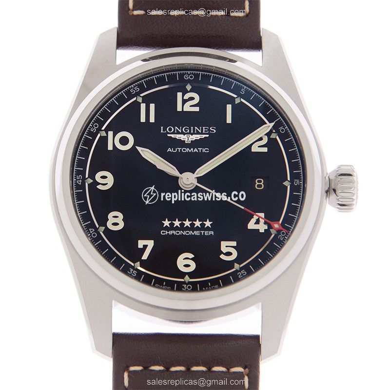 Longines Spirit Replica - Automatic - Steel Case - Black Dial - Brown Leather Strap - Buckle Clasp