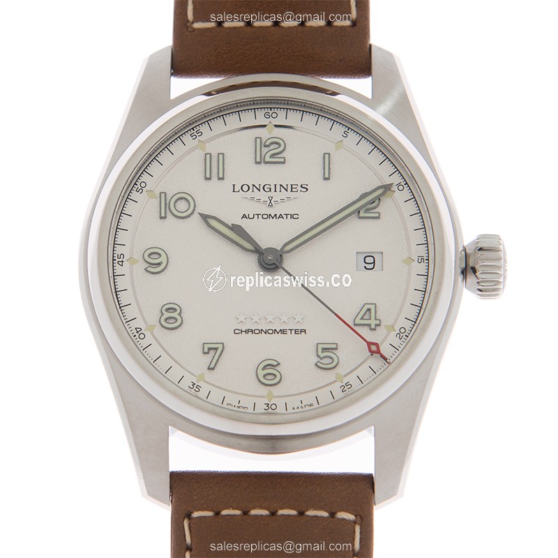 Longines L3.810.4.73.2 Spirit - Automatic - Steel Case - White Dial, Brown Leather Strap - Luxury Replica SPIRIT Watch