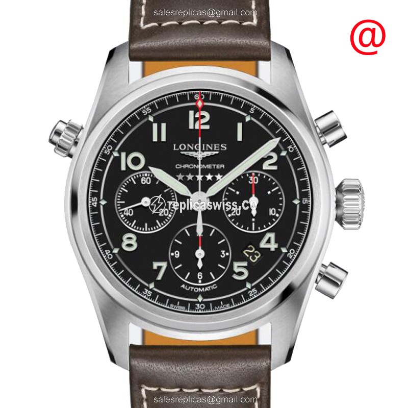 Longines Spirit Replica - Automatic - Steel Case - Black Dial - Brown Leather Strap - Luxury Longines Replica Watch