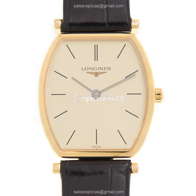 Longines L4.205.2.32.2 Replica - Quartz - 18kt Gold Case - Gold Dial on Black Leather Strap
