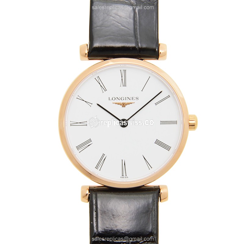 Longines LA GRANDE Replica - Quartz - PVD Gold - White Dial - Leather Black Strap