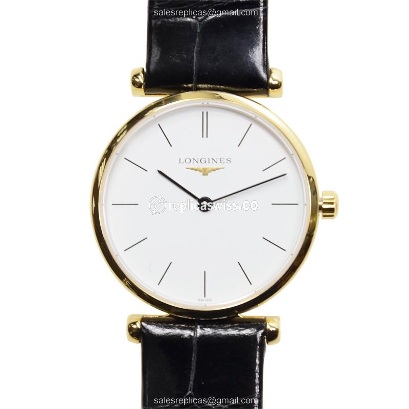 Longines LA GRANDE Quartz PVD Gold Replica - Automatic - White Dial, Black Alligator Strap