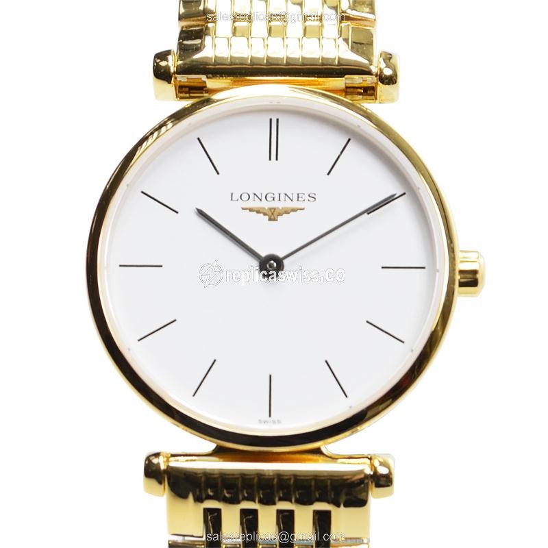 Longines L4.209.2.12.8 Replica - Quartz - 18kt Gold Case - White Dial, Gold Clasp & Strap