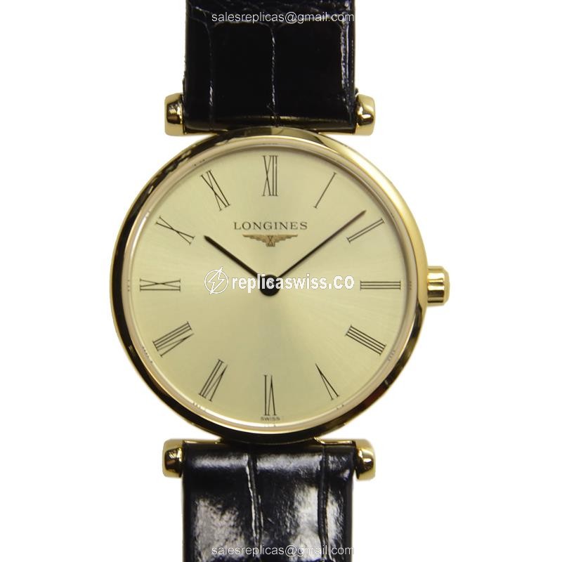 Longines LA GRANDE Replica - Quartz - 18kt Yellow Gold - Gold Dial - Black Alligator Strap