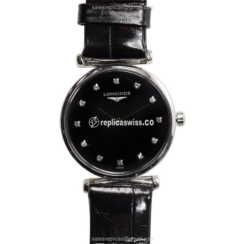 Longines L4.209.4.58.2 Replica - Quartz - Stainless Steel - Black Dial, Alligator Strap - Luxury Replica LA GRANDE Watch