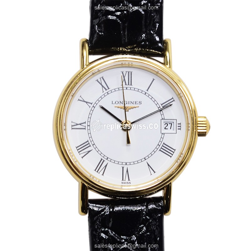 Longines Presence Replica - Quartz - 18kt Gold & Steel Case - White Dial - Buckle Clasp - Black Leather Strap