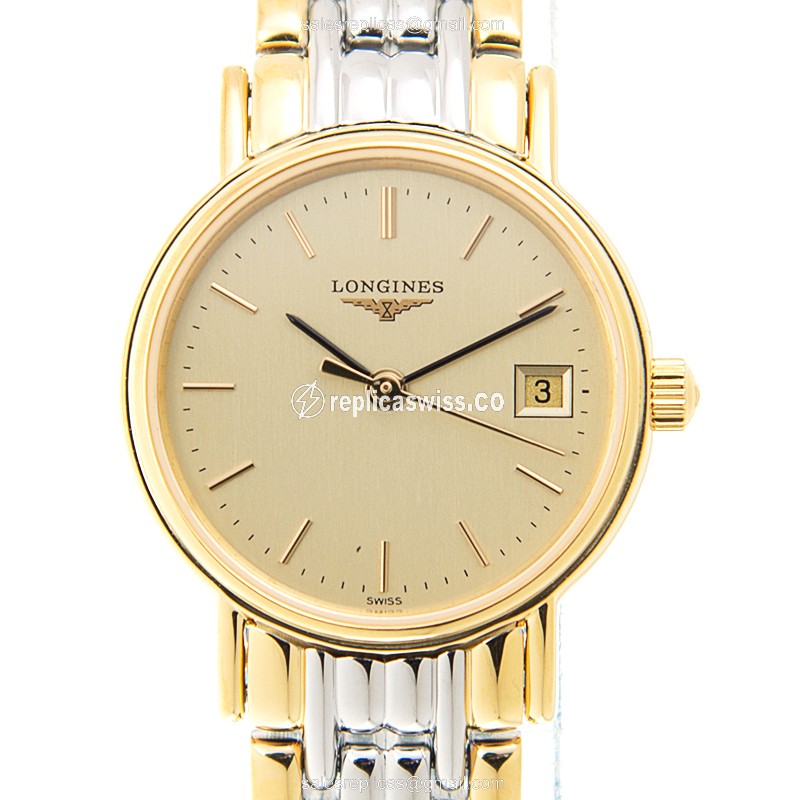 Longines Presence Replica: Gold-Plated Case - Quartz Movement - Gold Dial on Steel Strap