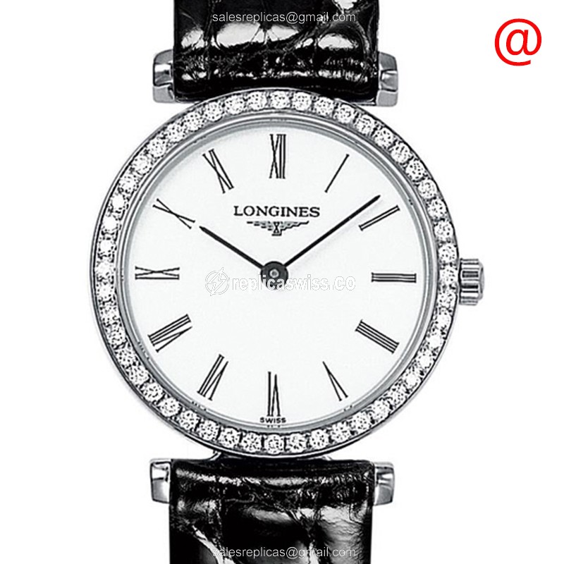 Longines LA GRANDE Quartz - Diamond Case - White Dial, Black Leather Strap - Luxury Replica LA GRANDE Watch