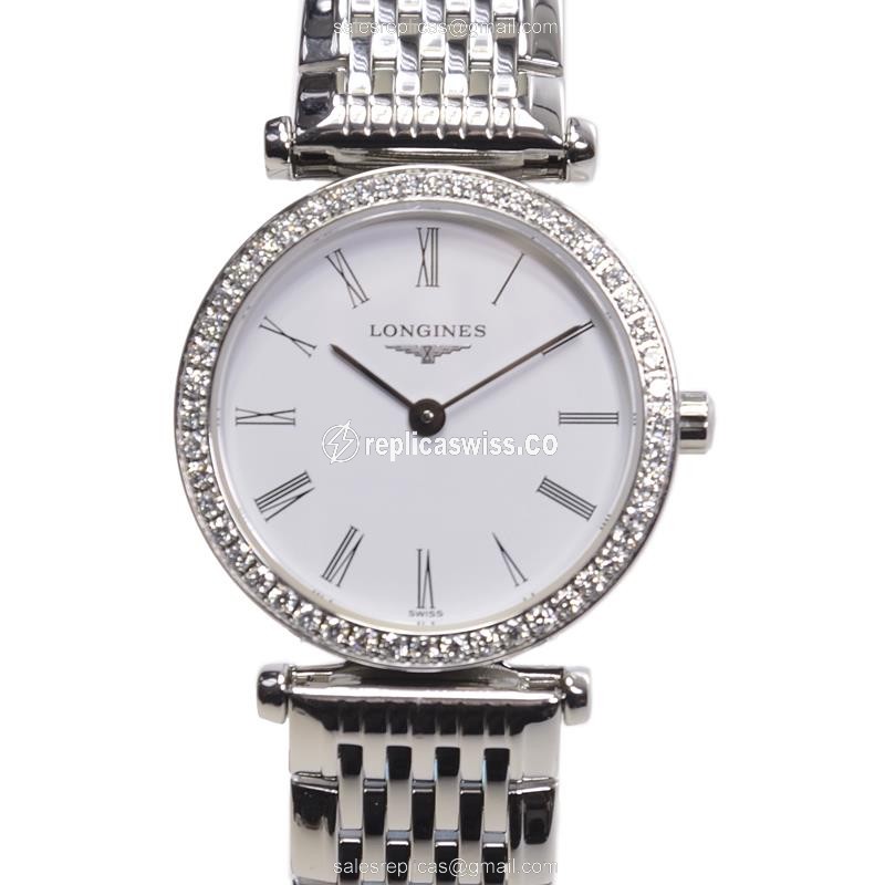 Longines LA GRANDE Quartz - Diamond Case - White Dial - Silver Clasp & Steel Strap