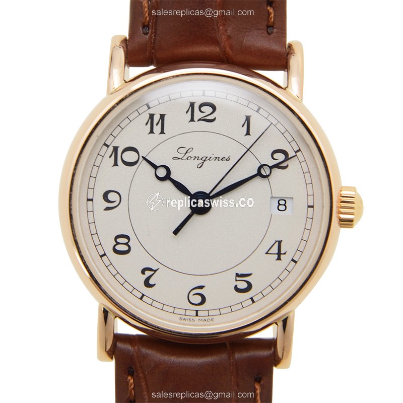 Longines Heritage Classic Replica - Automatic - 18kt Rose Gold - White Dial on Brown Alligator Strap