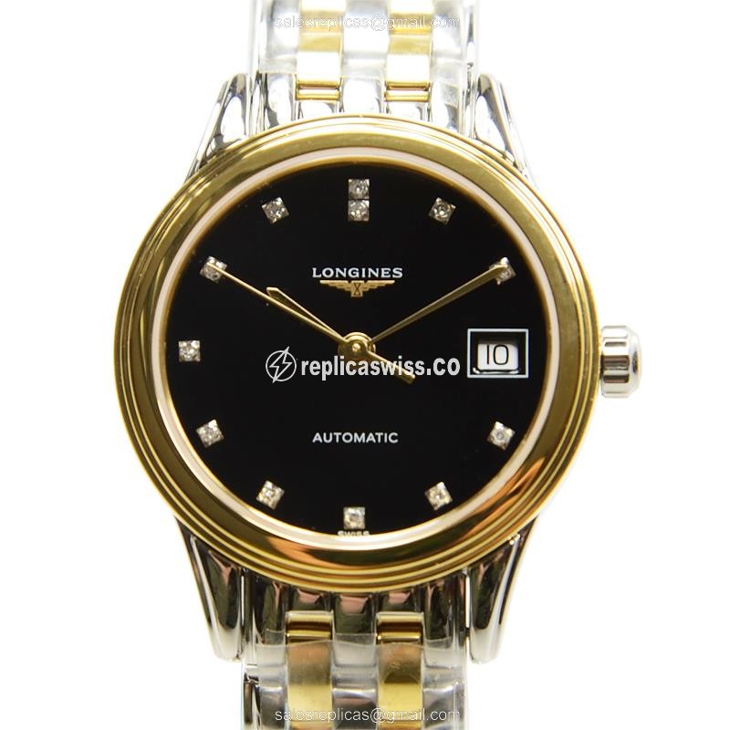 Longines Flagship Replica - PVD Gold - Automatic - Black Dial, Silver Strap - Luxury  Watch