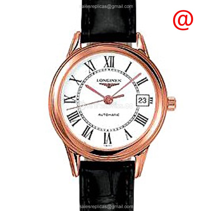 Longines L4.274.8.21.2 Flagship - 18kt Rose Gold - Automatic - White Dial, Black Leather Strap