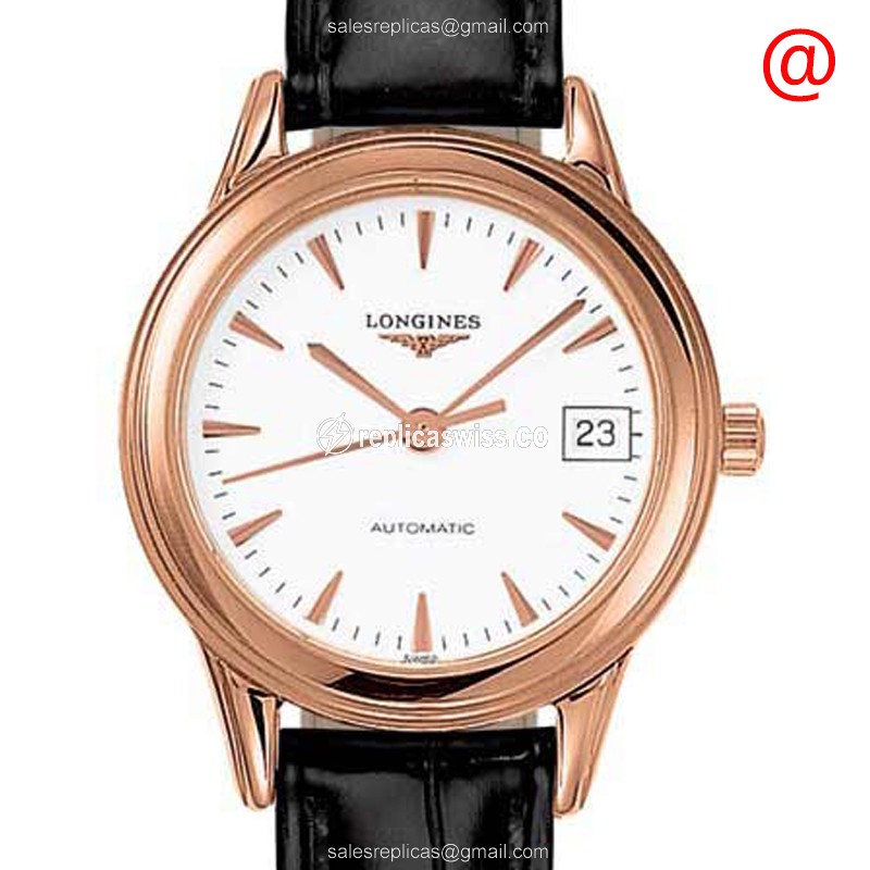 Longines Flagship Replica - Automatic - 18kt Rose Gold - White Dial - Alligator Black Strap
