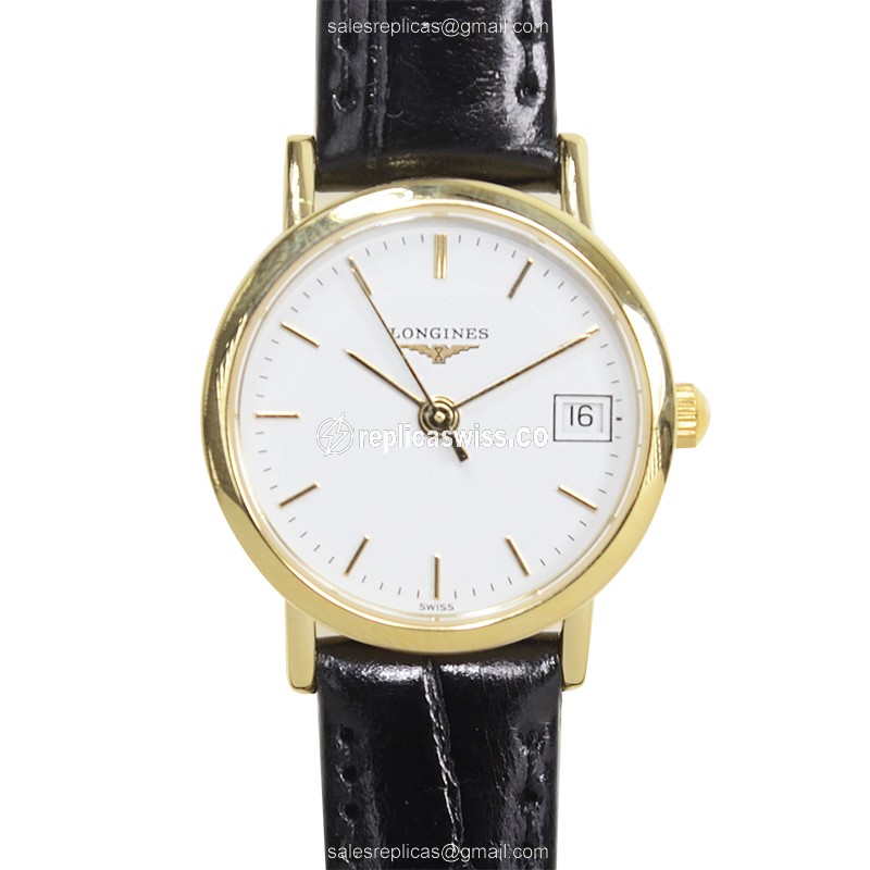 Longines Presence Replica - Quartz - 18kt Yellow Gold - White Dial, Black Buckle Cowhide Strap