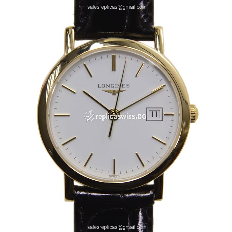 Longines Presence Replica - Quartz - 18kt Yellow Gold Case - White Dial, Alligator Strap