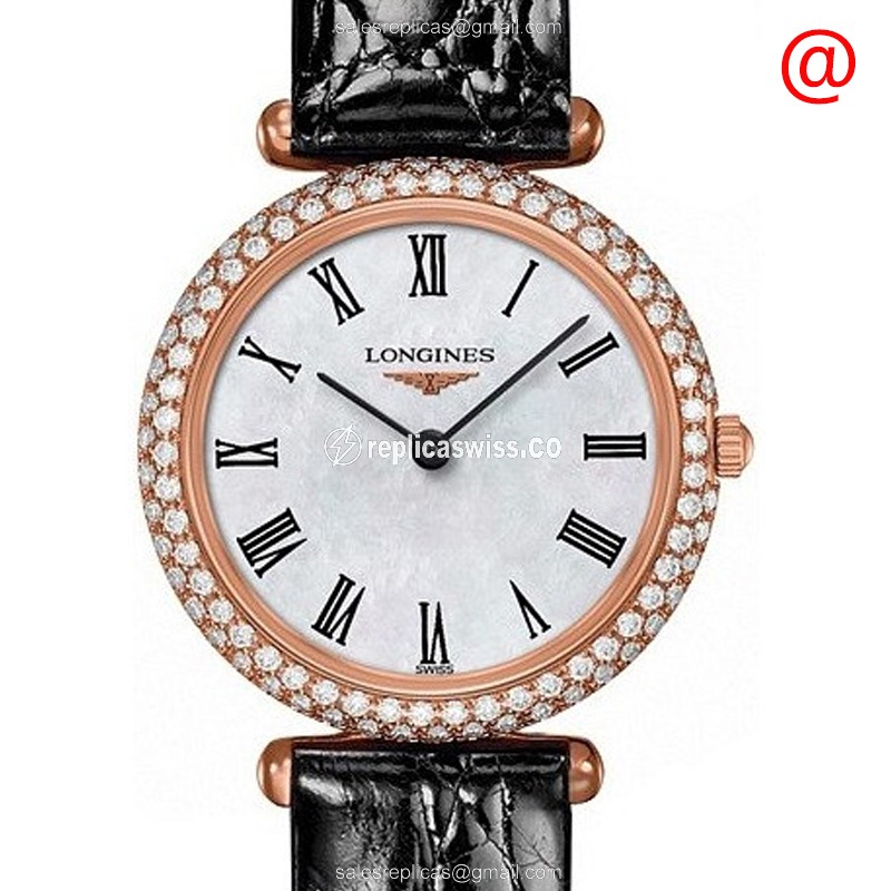 Longines L4.307.9.81.0 Replica - Quartz - 18kt Rose Gold - Diamond Dial - Buckle Clasp, Black Leather Strap