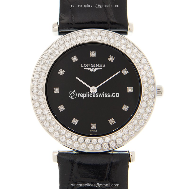 Longines LA GRANDE Replica - Quartz - Stainless Steel Case, Black Dial, Diamond Bezels
