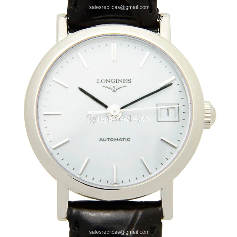 Longines Elegant Replica - Automatic - Steel Case - White Dial - Black Alligator Strap - Luxury Replica ELEGANT Watch