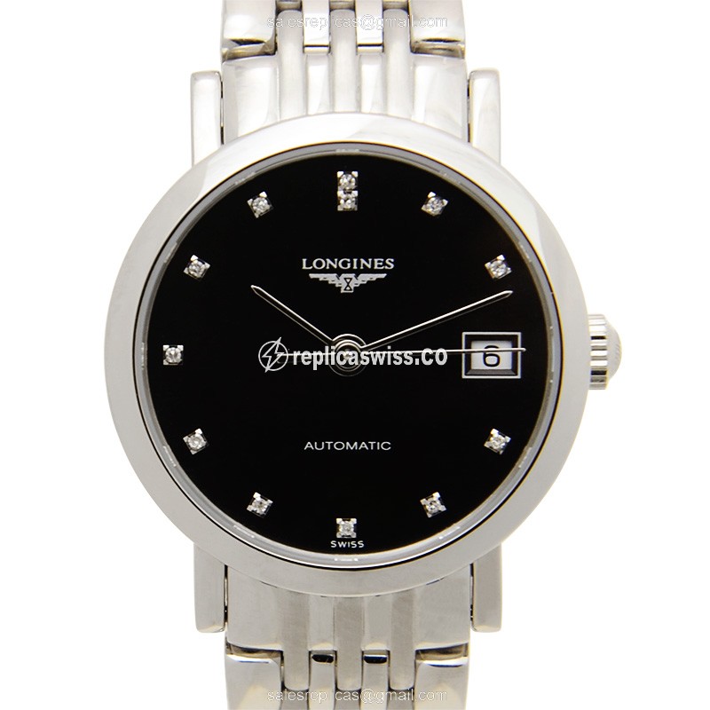Longines L4.309.4.57.6 Replica - Automatic - Stainless Steel - Black Dial, Silver Clasp, Steel Strap - Luxury Replica ELEGANT Watch
