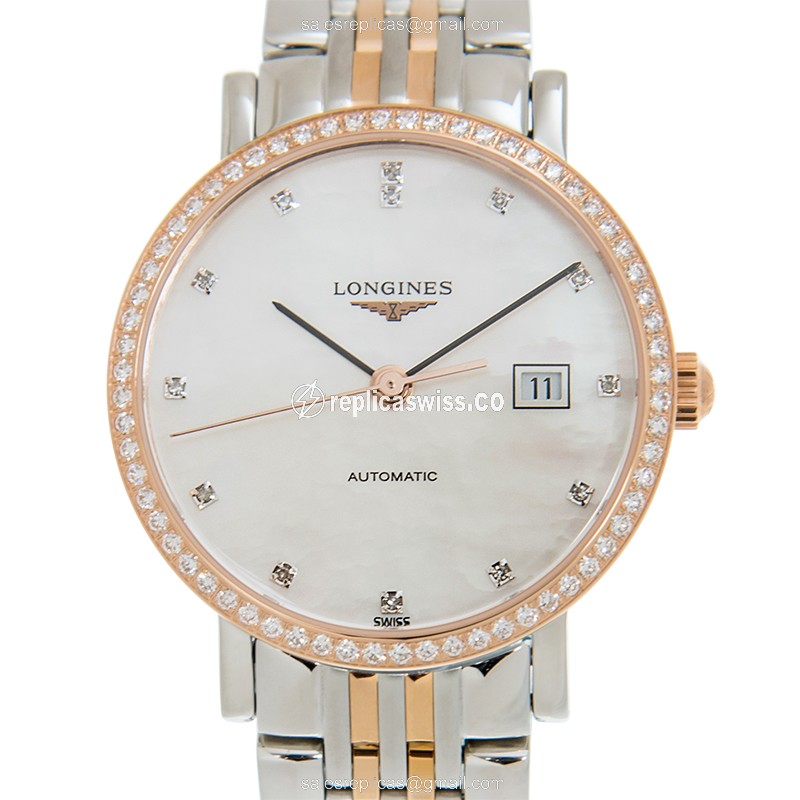 Longines L4.310.5.88.7 Replica - Automatic - 18kt Rose Gold - White Dial, Diamond Clasp & Gold Steel Strap
