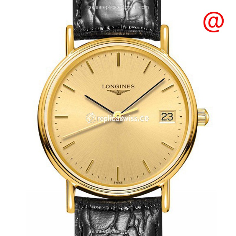 Longines Presence Replica - Quartz - Gold PVD Case - Gold Dial - Leather Black Strap - Luxury Replica PRESENCE Watch
