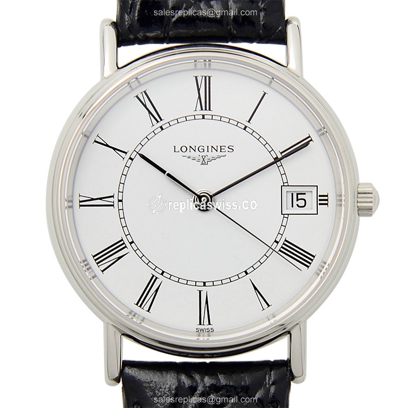 Longines Presence Replica - Quartz - Stainless Steel Case - White Dial - Black Leather Strap