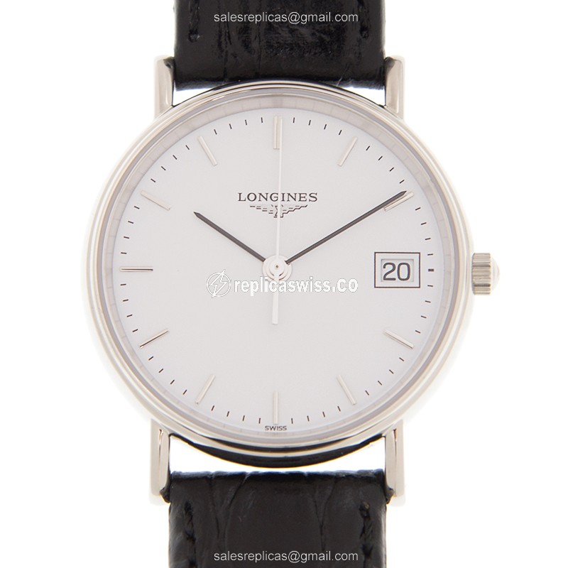 Longines Presence Quartz Steel - White Dial - Leather Black Strap - Buckle Clasp - Luxury Replica PRESENCE Watch